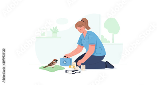 Woman tends to injured bird with first aid kit