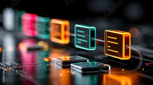 A digital representation of blockchain technology with colorful, glowing blocks connected in a chain over a circuit board.