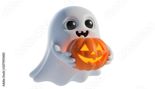 Cute 3d ghost character holding a glowing jackolantern pumpkin, festive halloween illustration for holiday design, isolated on white background