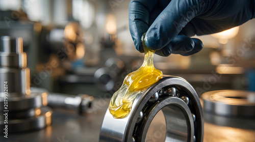 A gloved hand applies yellow grease to a ball bearing for industrial lubrication and maintenance in a workshop