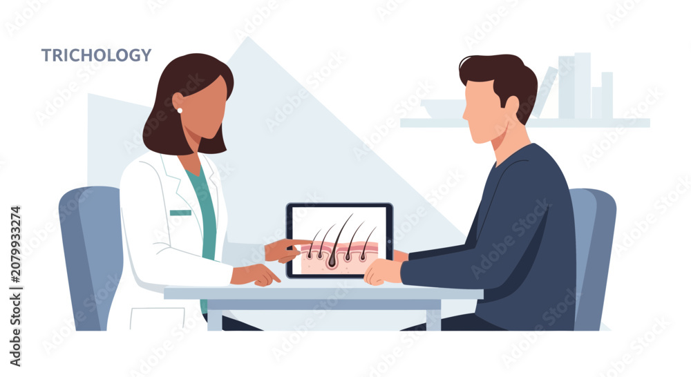 Obraz premium Doctor Consults Patient on Hair Loss Treatment Using Digital Screen