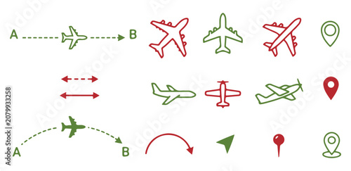 Airplane Flight Paths and Travel Icons in Flat Design with Red and Green Arrows