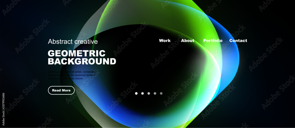 Fototapeta premium Modern website design features vibrant abstract shapes, dark background. Navigation includes work, about, portfolio, contact options.