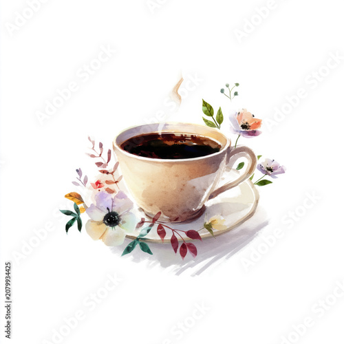 Artistic Coffee Cup with Floral Watercolor Illustration. AI generative.