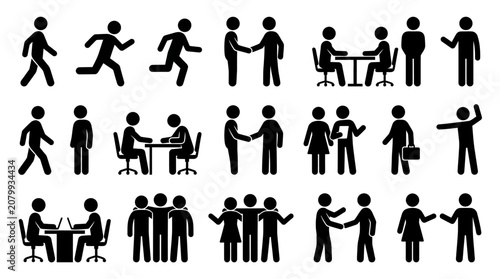 Stick figure business and social interactions icon set