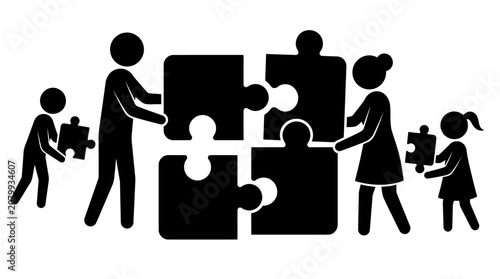 Family assembling a four-piece puzzle together