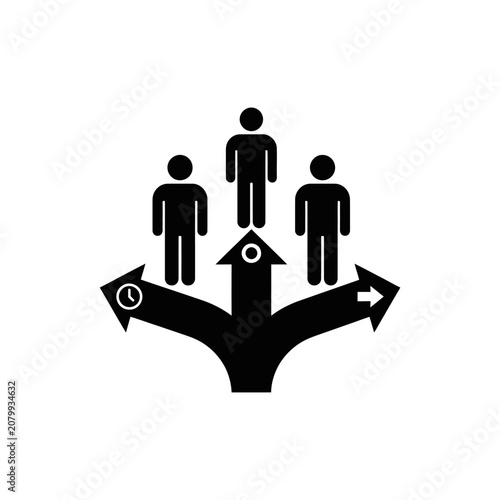 Three people at a crossroads with clock icon on one path