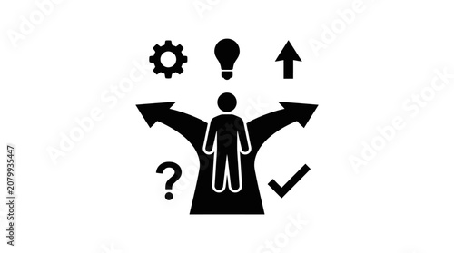 Decision making concept with person at crossroads and symbols