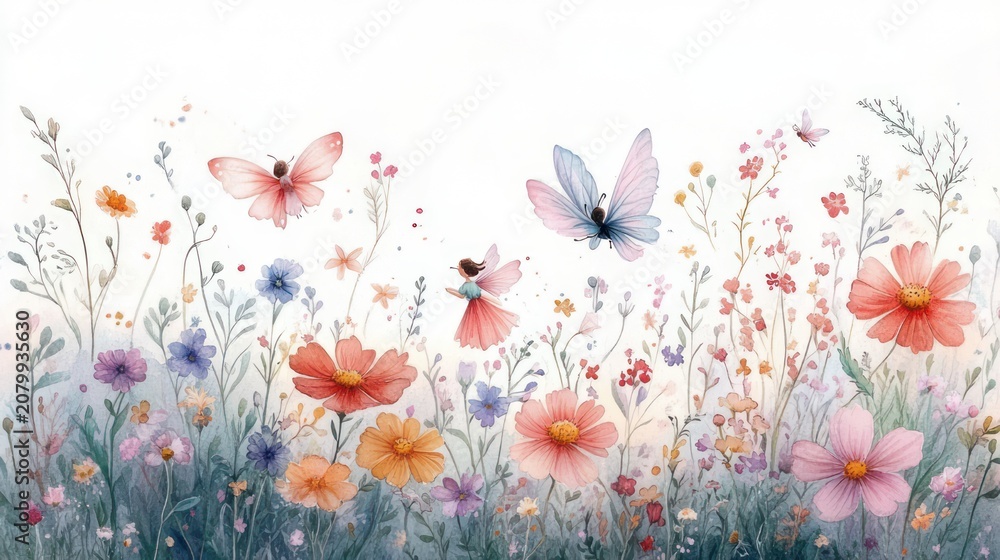 Fototapeta premium delicate watercolor wildflower meadow with pastel blossoms, butterflies, and tiny fairies on a light airy background, whimsical serene joyful spring scene