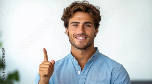 man in light blue button-down shirt with blurred face raising index finger in an assertive, instructive gesture against a plain light background