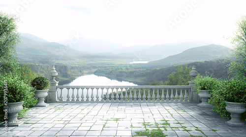 Elegant Garden Terrace Over Mountain Lake View