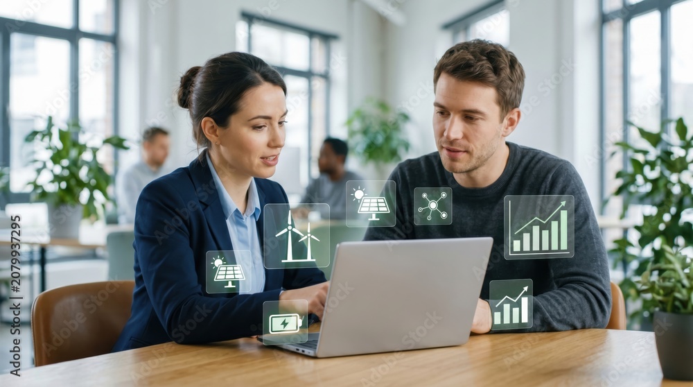 Fototapeta premium Professional team analyzing renewable energy projects on laptop with wind turbine and solar icons, eco-friendly business strategy meeting