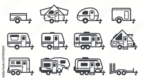 Set of Linear Vector Illustrations Featuring Various Types of Recreational Trailers