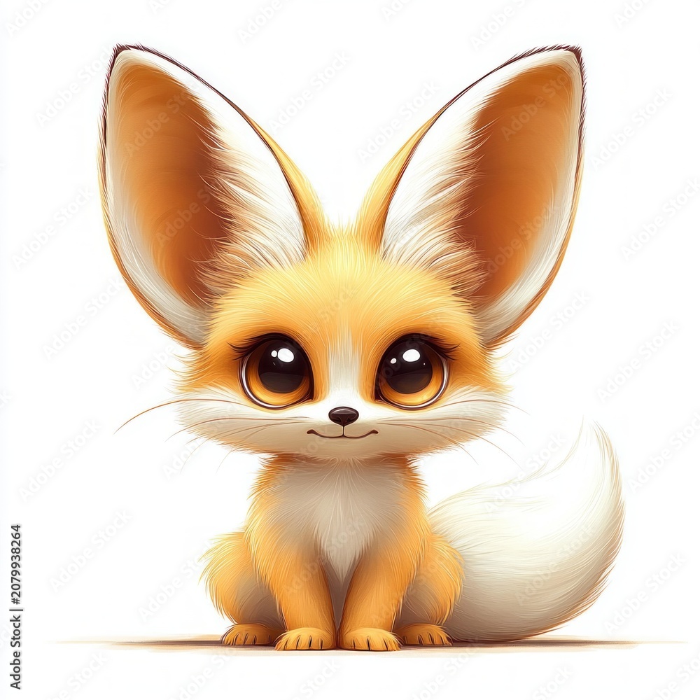 Fototapeta premium fluffy orange fox with oversized ears and bushy white tail sitting shyly with square blur covering its face on white background