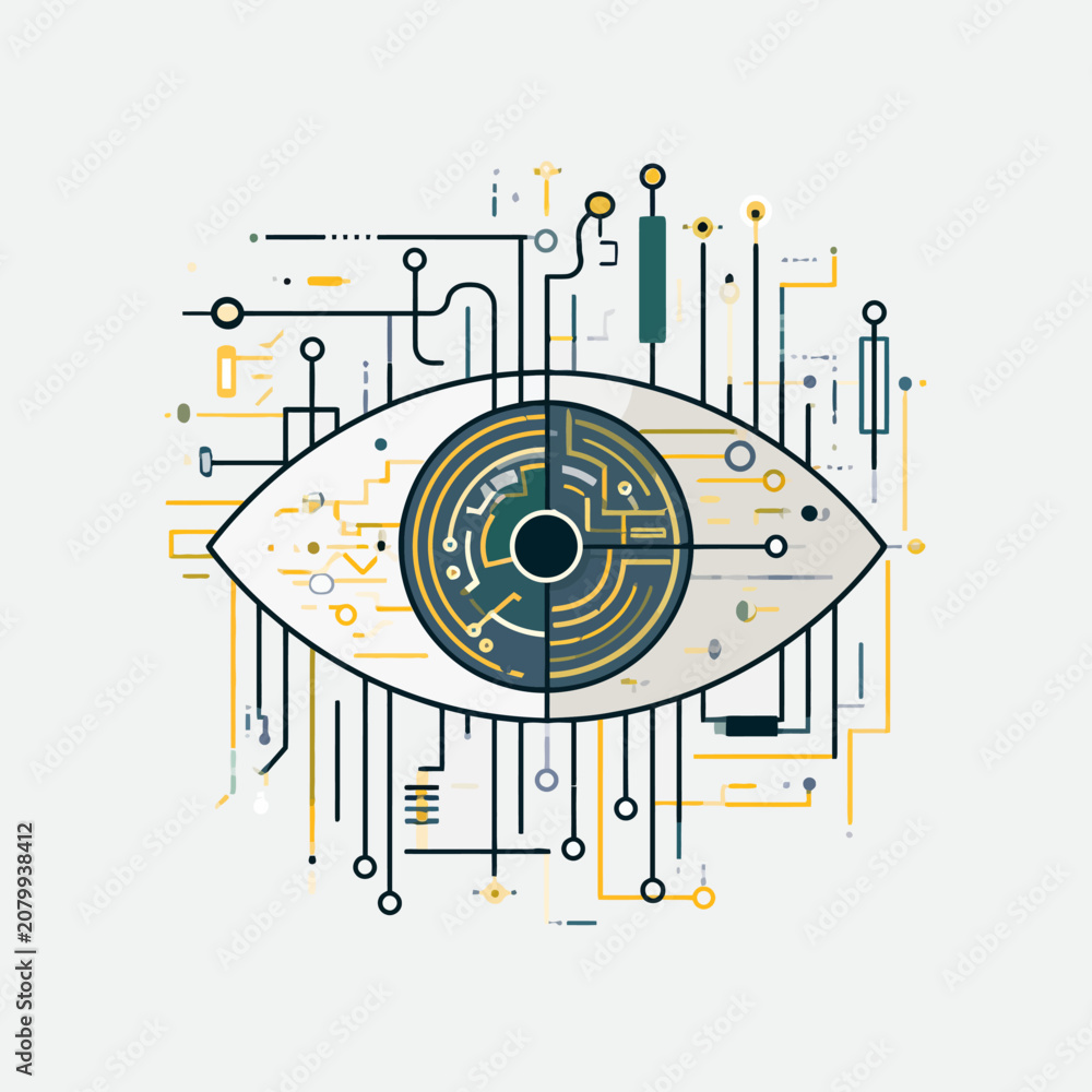 Obraz premium Geometric cybernetic eye with digital connections and circuitry