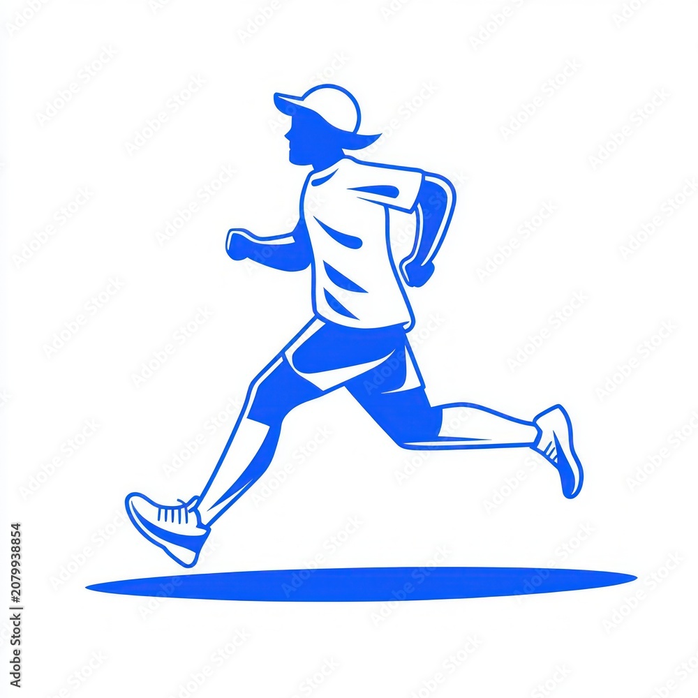 Obraz premium blue stylized runner wearing a cap, t-shirt, shorts and sneakers mid-stride, energetic leap over oval shadow