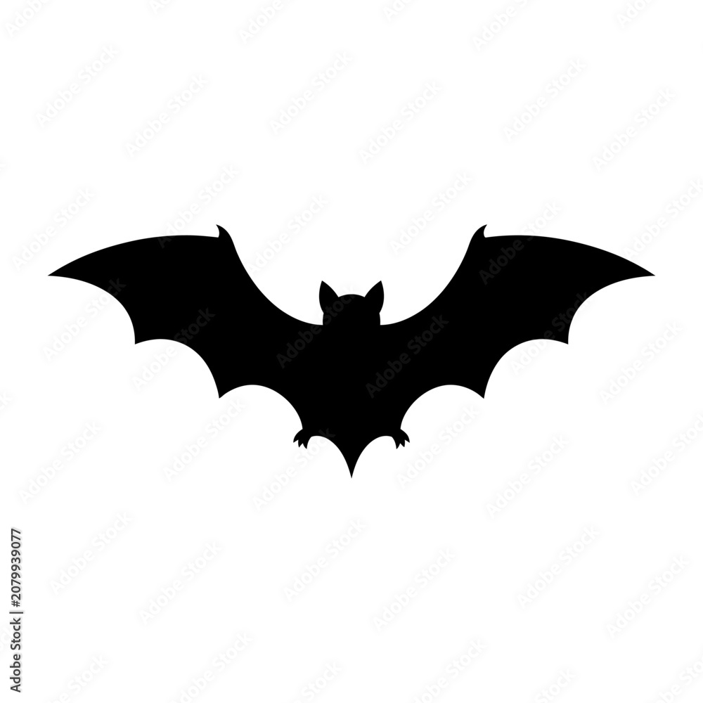 Fototapeta premium Black bat silhouette, flying mammal icon, Halloween symbol, animal emblem isolated on White Background silhouette