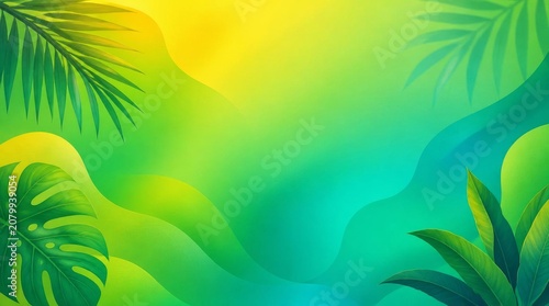 Tropical leaves on colorful gradient background with wavy lines