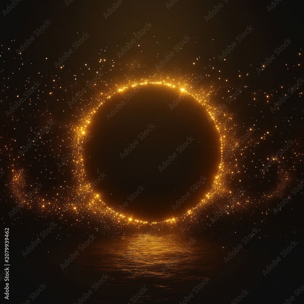 Fototapeta premium Mysterious glowing golden ring of sparks and particles around a dark void with a shimmering water reflection, evoking a magical and contemplative mood