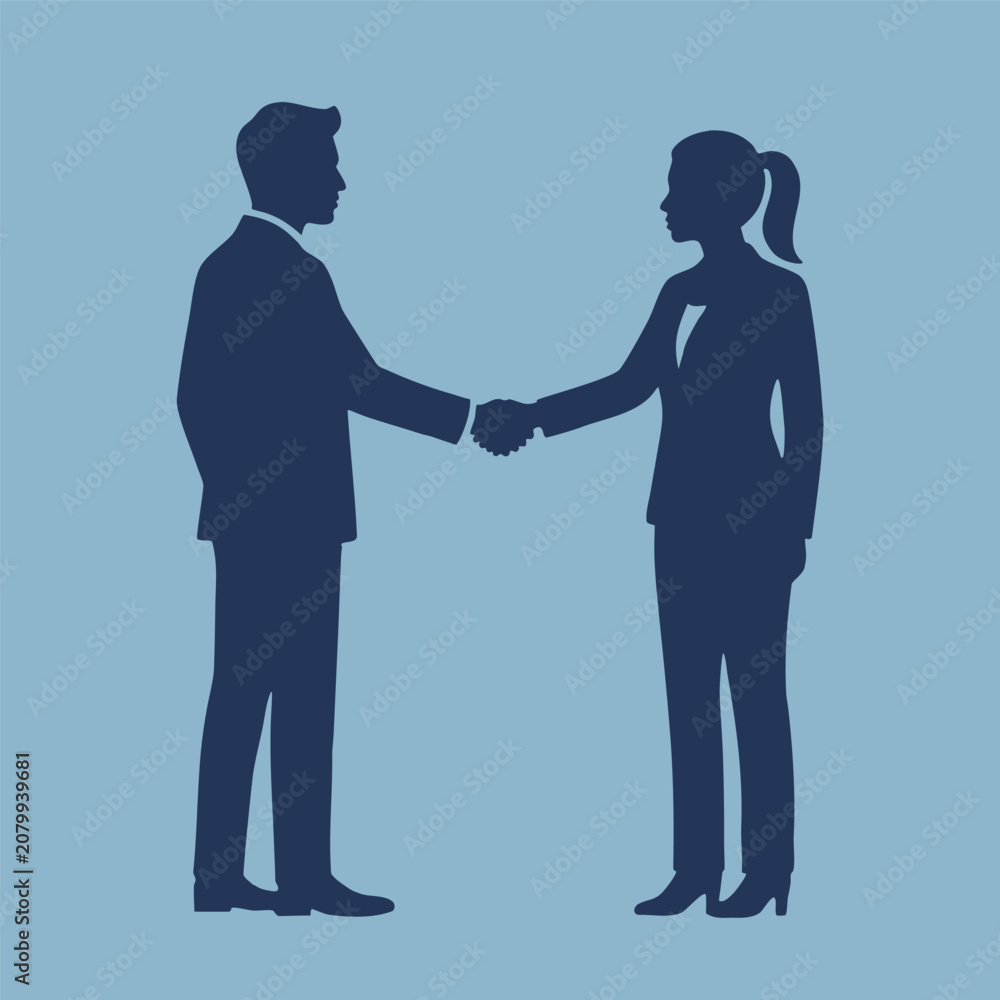 Fototapeta premium Businessman and businesswoman shaking hands silhouette representing successful corporate partnership or deal on blue background
