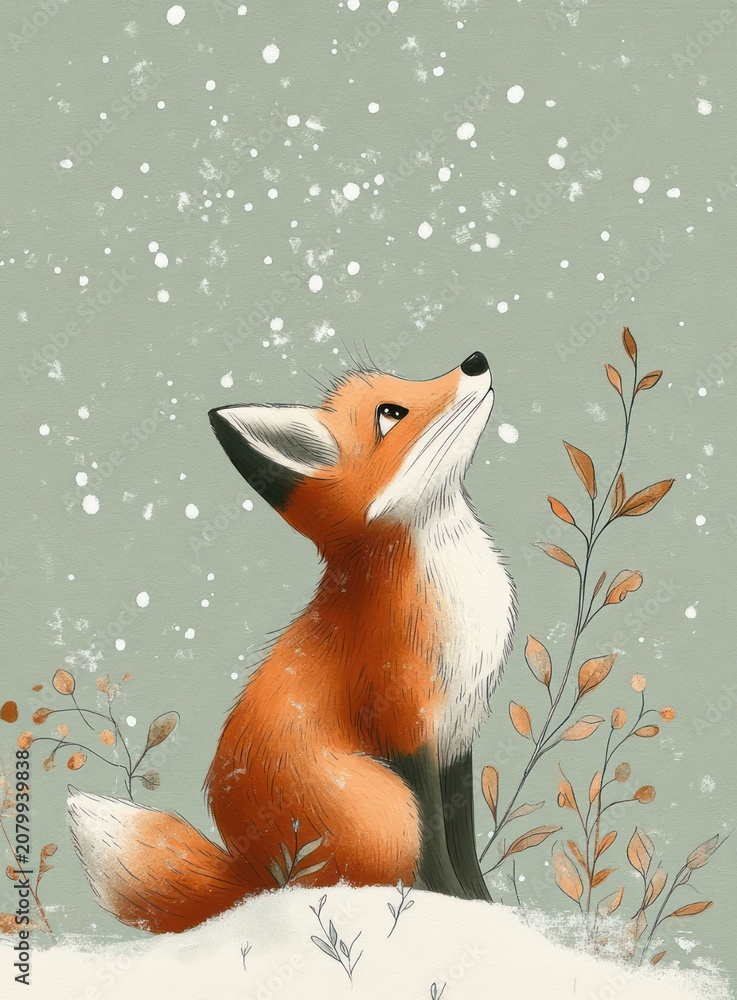 Fototapeta premium small red fox sitting on a snowy mound, looking up at falling snowflakes amid delicate autumnal plants, soft muted background, serene and curious expression