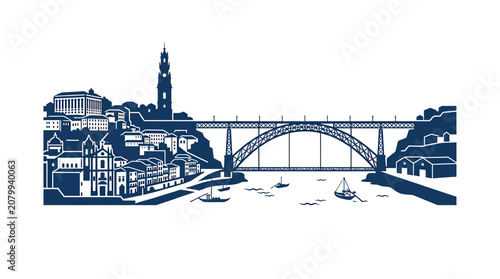 Billede på lærred Porto Skyline Silhouette: Dom Luís I Bridge, Ribeira District & Douro River
