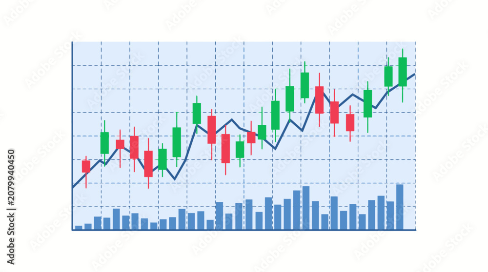 Fototapeta premium Stock Market Candlestick Chart Showing Trading Volume and Upward Growth Trend for Financial Analysis
