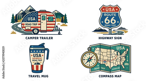 Vintage camper trailer drives down Route 66 with travel mug and highway sign near compass map.