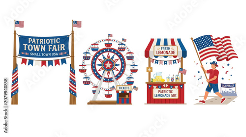 Patriotic town fair scene with American flags and carnival games at night