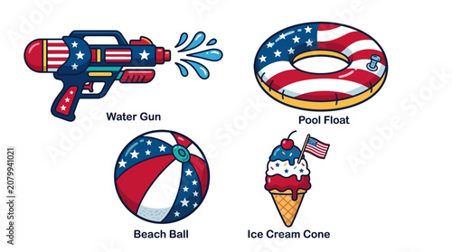 Summer fun with patriotic water gun, beach ball, pool float, and ice cream.