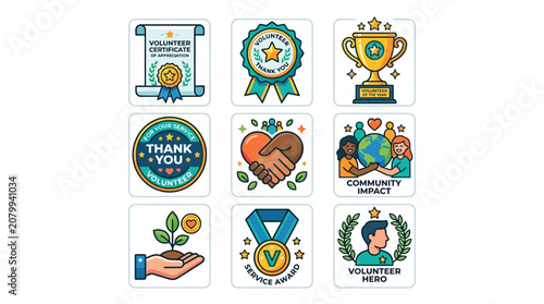 A collection of nine awards and recognition icons featuring various symbols.