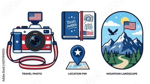 Travelers capture mountain landscape with camera and map