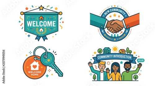 A vibrant illustration depicts people welcoming each other with a handshake and keys, surrounded by festive elements and badges.