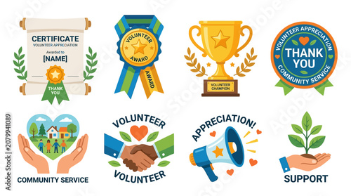 A vibrant collection of community service volunteer appreciation icons featuring a certificate trophy thank you badge and various symbols of support and recognition.