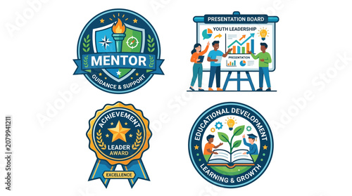 A professional development scene with a mentor badge and people presenting on a chart at a meeting with a badge and ribbon for achievement.