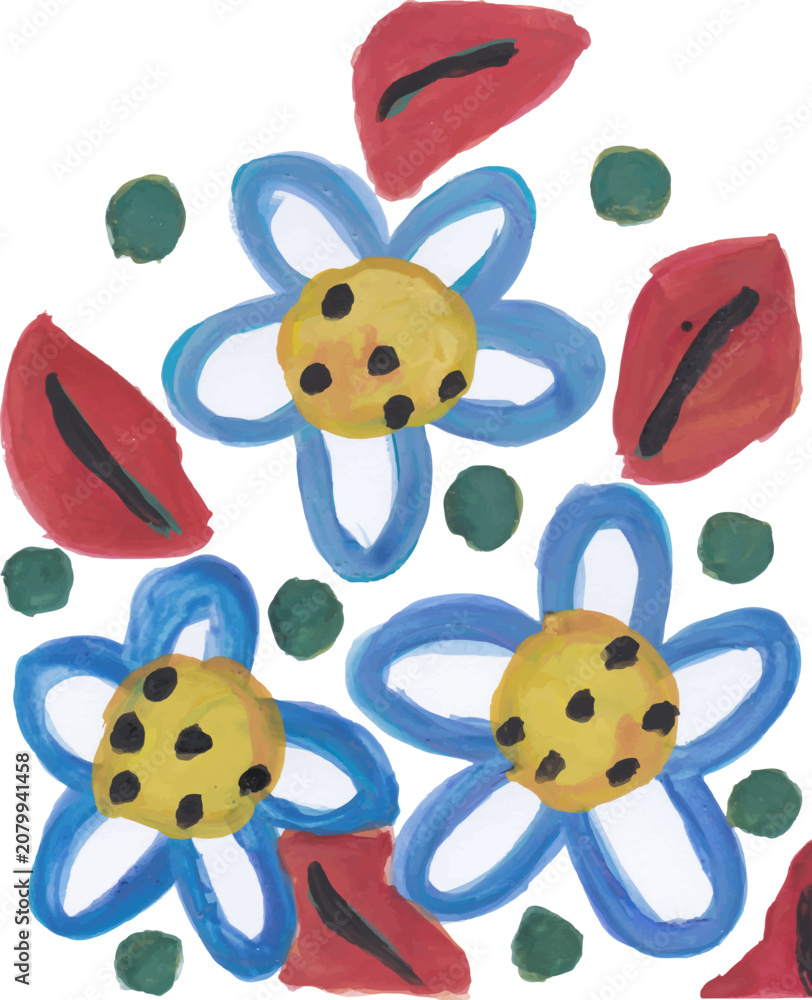 Obraz premium Blue Flowers with Red Leaves and Green Dots Hand-Painted Illustration