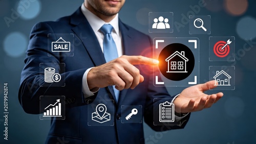 Real estate agent interacting with virtual interface icons, selecting property options for sale and rent, digital marketing concept for housing market and home buying services.