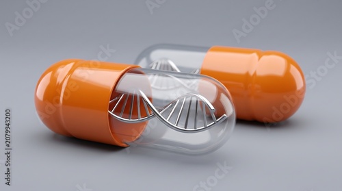 Single orange medical capsule containing metallic dna double helix structure resting on plain gray surface as concept for genetic engineering and pharmaceutical innovation