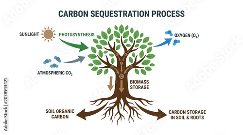 Bild auf Leinwand Carbon sequestration process, tree photosynthesis, soil carbon storage, environm