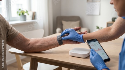 Doctor checking patient vital signs with smartwatch and mobile app, healthcare technology concept for remote monitoring, telemedicine