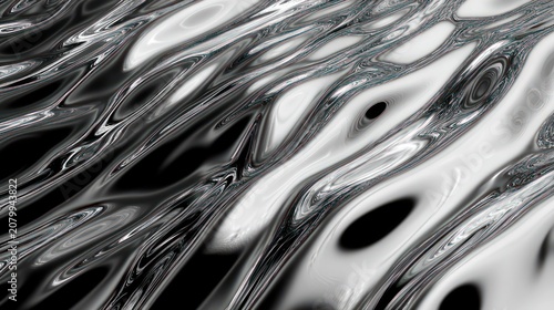 Glossy metallic black-and-white rippling surface with elongated reflective ovals and fluid waves conveying eerie hypnotic motion