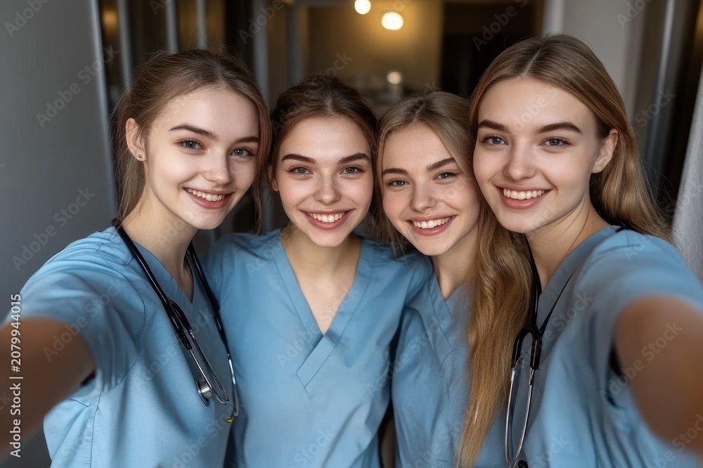Fototapeta premium Four healthcare workers in blue scrubs with stethoscopes taking a friendly group selfie in a hospital corridor, conveying teamwork and warm camaraderie