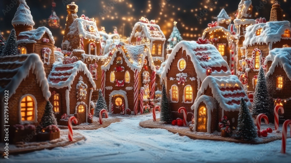 Fototapeta premium Cozy glowing gingerbread village with snow-dusted icing rooftops, candy canes, lit windows and twinkling lights evoking festive warmth and whimsical holiday magic