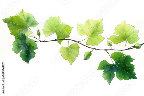 Delicate green vine branch with sunlit heart-shaped leaves and small buds evoking fresh calm and new growth