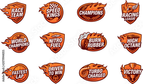 Racing Team Badge Set with Flame, Speed Kings, Champions, Nitro Fuel, and Victory Emblems for Motorsport Logo Designs