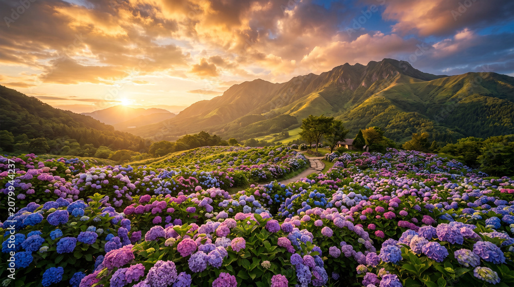 Obraz premium Colorful hydrangea flower field at the foot of rolling mountains during sunset.