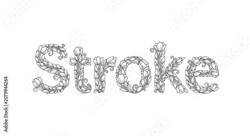 Floral Typography Word Stroke in Decorative Line Art Style for Medical Awareness and Coloring