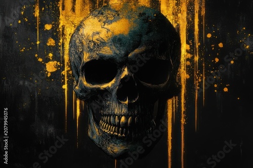 Dark rectangular panel over grungy black textured background with golden orange paint drips, splatters and a faint circular shadow, dramatic moody abstract composition