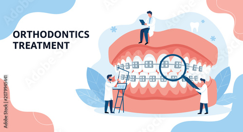 Professional orthodontics treatment concept with tiny dentists working on a large set of teeth with dental braces.