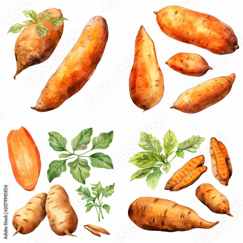 Watercolor Collection of Sweet Potatoes and Green Leaves Isolated on White Background for Healthy Food Design